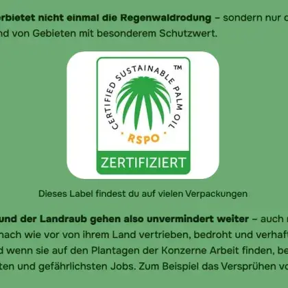 Man sieht eine Übersicht der Seite und ein Label für Palmöl.