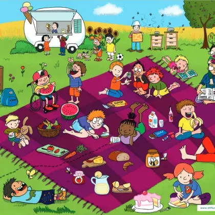 Man sieht ein Wimmelbild mit Menschen, die verschiedene Snacks essen.