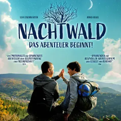 Man sieht das Filmplakat vom Film Nachtwald mit zwei Menschen auf einem Berg.