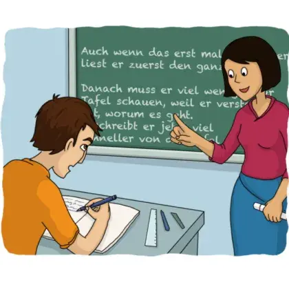 Comic Schüler und Lehrerin