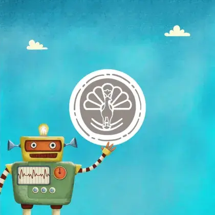 Man sieht ein Logo der Seite mit einem Roboter und einem Zeichen aus dem Jesidentum.
