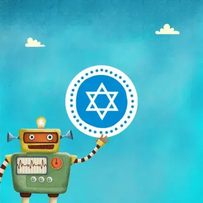 Man sieht ein Logo der Seite mit einem Roboter und einem Zeichen aus dem Judentum.