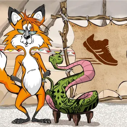 Man sieht einen Fuchs und eine Schlange neben einer Lederleinwand mit einem Schuh.