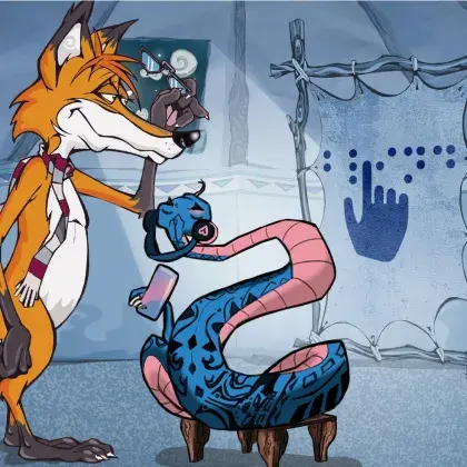 Man sieht einen Fuchs und eine Schlange neben einer Lederleinwand mit einer Hand und Blindenschrift.