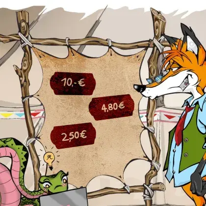 Man sieht einen Fuchs und eine Schlange neben einer Lederleinwand mit Preisen.